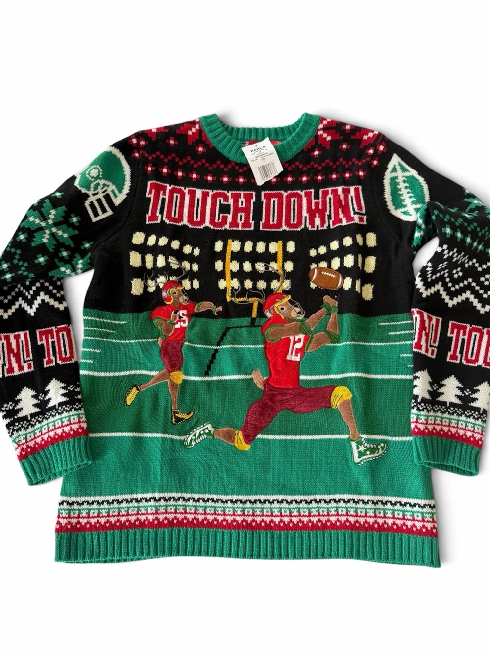 32 Degrees Green Black Red Football 'TOUCH DOWN' Holiday Crewneck Sweater